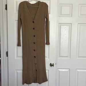 Glamify Tan Ribbed Button Down Midi Dress S